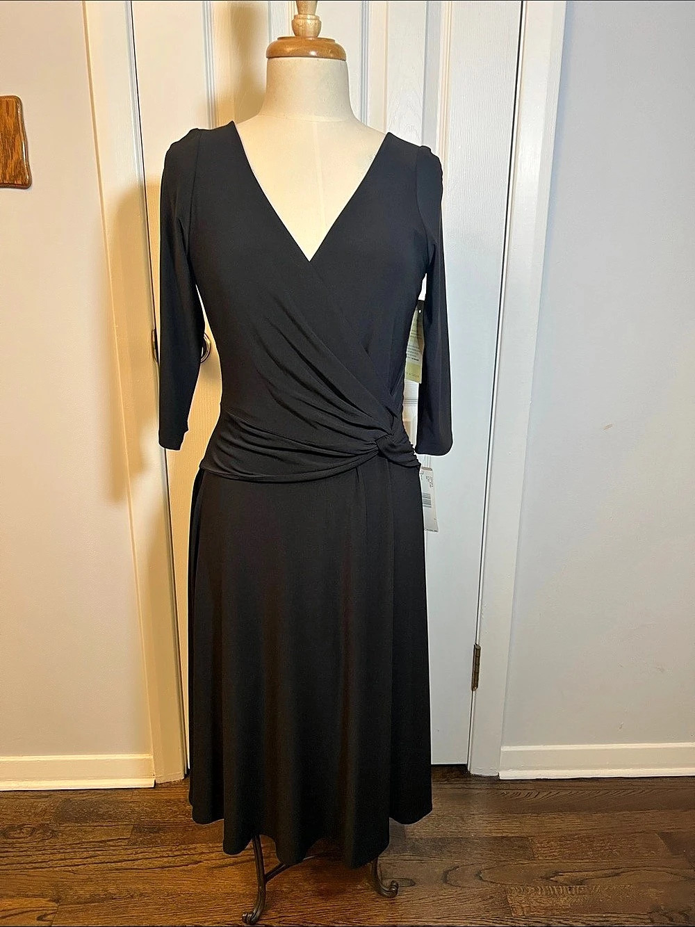 Jones New York Dress Ruched Wrap Midi in Black Size 12 NWT